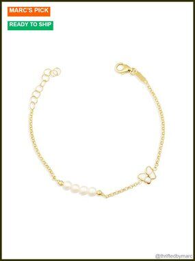 14K Yellow Gold Pearl Enamel Butterfly Charm Bracelet 5"